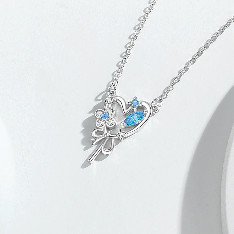 Lovely Sterling Silver 925 Necklace Women's Fashion All-Match Lucky Clover Clavicle Chain Ins Bow Key Pendant