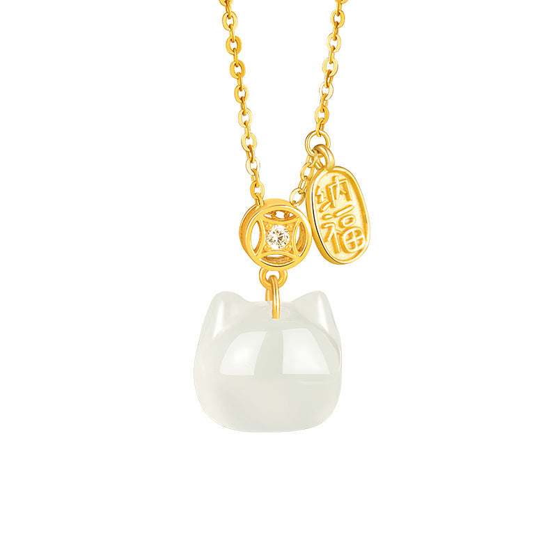 Lucky White Chalcedony Kitten Pendant S925 Silver Necklace Female High-Grade Mori Niche Clavicle Chain Gift Female