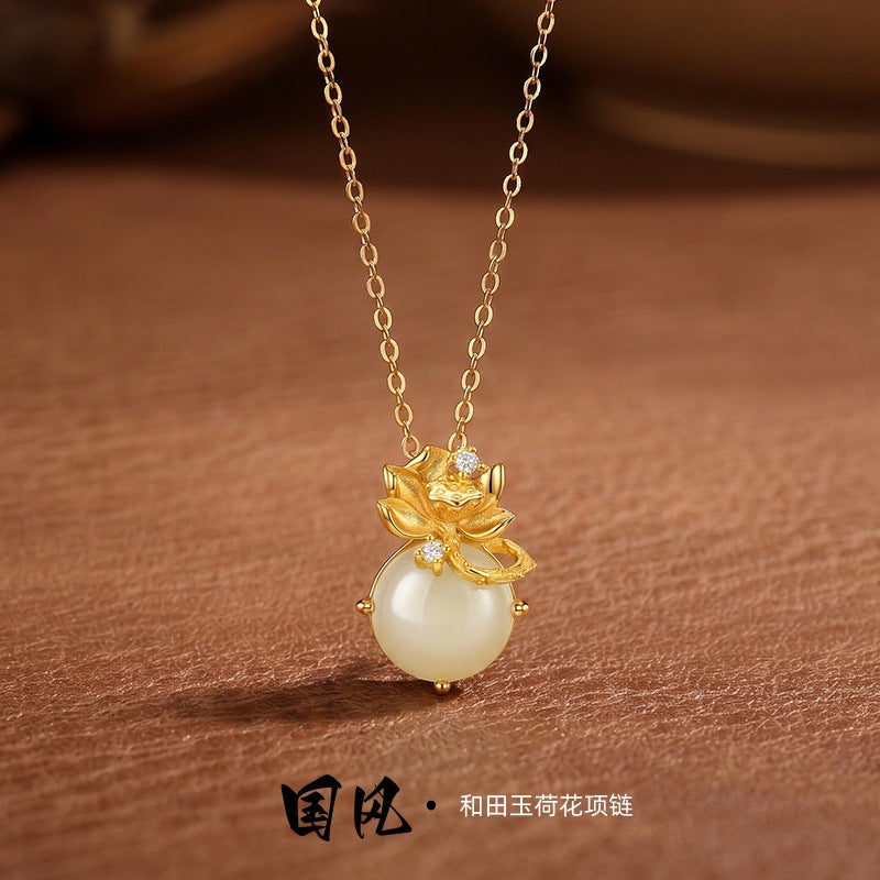 New Chinese Style S925 Sterling Silver Necklace Women's Natural Hetian Jade Lotus Pendant Elegant Valentine's Day Gift National Style Silver Jewelry