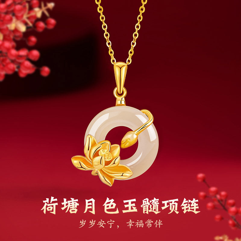 Lotus Pure Silver 999 Chalcedony Necklace Female New Chinese National Fashion Safety Buckle Clavicle Chain Ins Mother's Day Gift Pendant