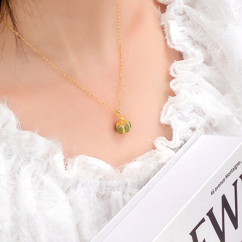 New Chinese Natural Hetian Jade Melon Jewelry S925 Sterling Silver Necklace Ear Hook Two-Piece Set Valentine's Day Gift
