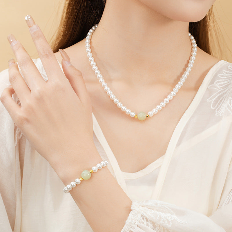 Hetian Jade Sterling Silver 925 Necklace Women's Light Luxury High-Grade Shijia Pearl Clavicle Chain Ins Mother's Day Gift Pendant