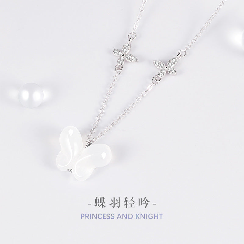 S925 Sterling Silver White Agate Butterfly Necklace Diamond-Embedded Clover Niche Design High-Grade Clavicle Chain Wholesale Delivery