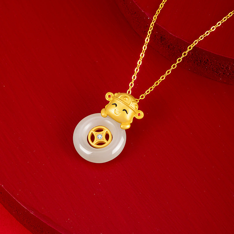 God of Wealth to Sterling Silver 925 Necklace Light Luxury High-Grade Hetian Jade Copper Coin Clavicle Chain Ins Style Safety Buckle Pendant