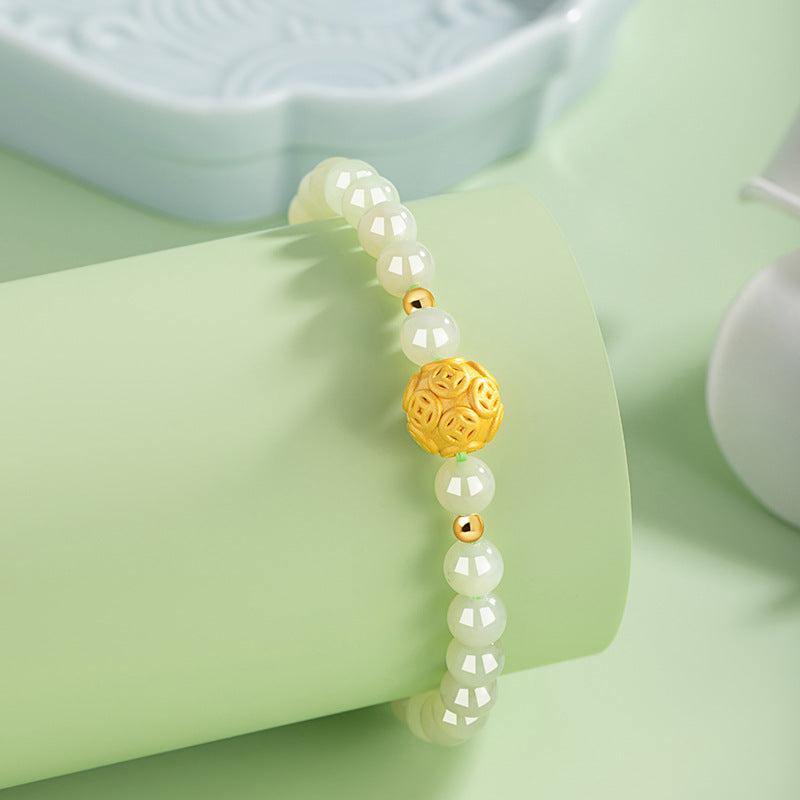 Copper Coin Sterling Silver 925 Hetian Jade Bracelet Female New Chinese National Fashion Lucky Beads Bracelet Ins Style Mother's Day Bracelet