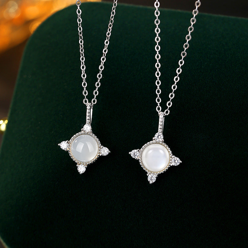 S925 Sterling Silver Necklace Women's Inlaid Natural White Chalcedony Fritillaria Four Awn Star Clavicle Chain Gentle Style Valentine's Day Gift