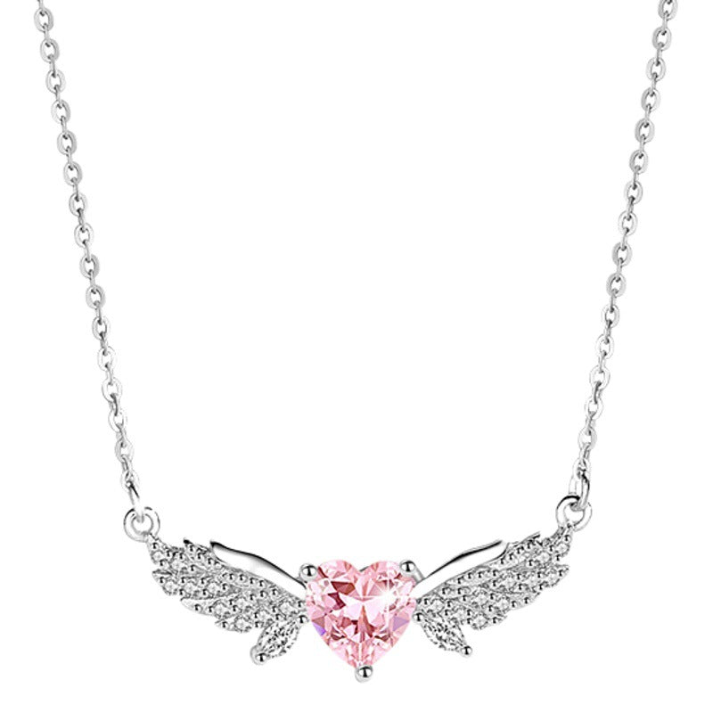Angel Wings Sterling Silver 925 Necklace Women's Fashion Versatile Pink Zircon Clavicle Chain Valentine's Day Love Pendant