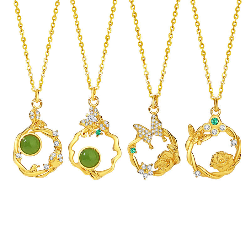 Original Butterfly Sterling Silver 925 Hetian Jasper Necklace New Chinese Flower Zircon Clavicle Chain Ins Style Flower Bud Pendant