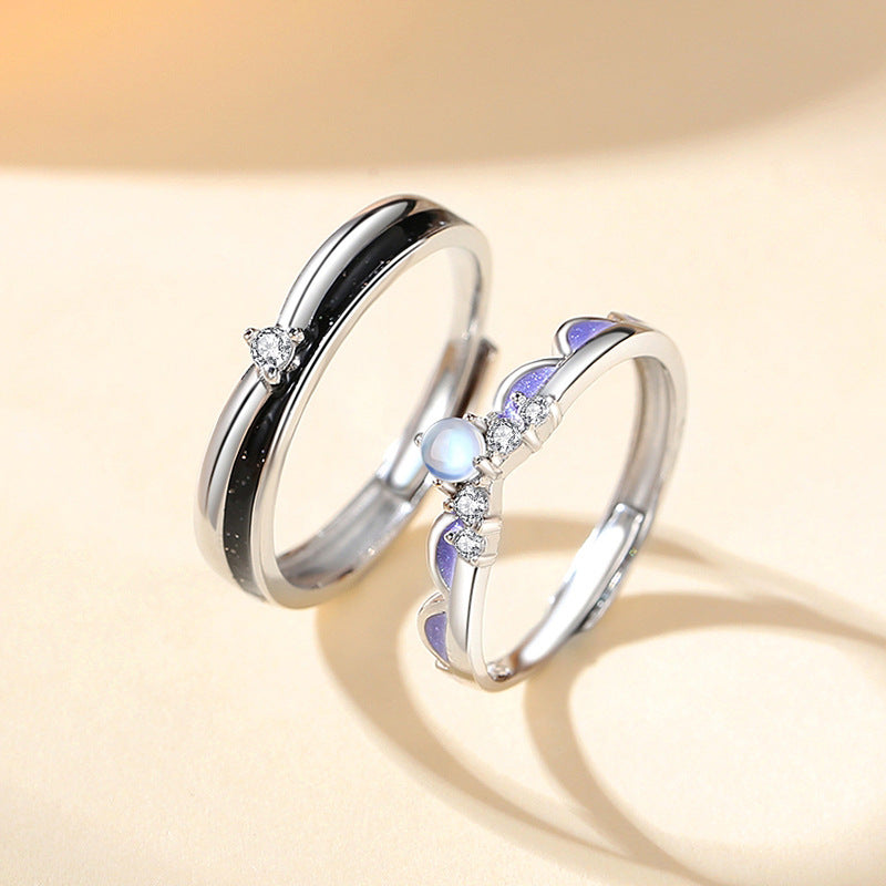 Princess and Knight Sterling Silver 925 Couple Ring Light Luxury High-Grade Crown Zircon Ring Ins Valentine's Day Ring
