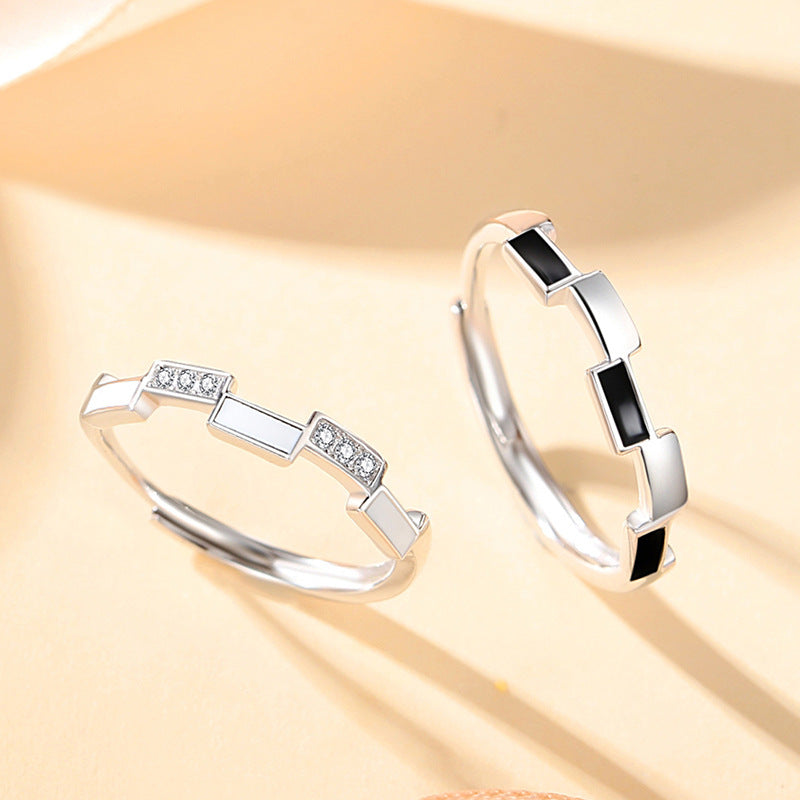 Black and White Plaid Sterling Silver 925 Couple Ring Female Male Fashion Versatile Zircon Plain Ring Ins Style Pattern Pair Ring