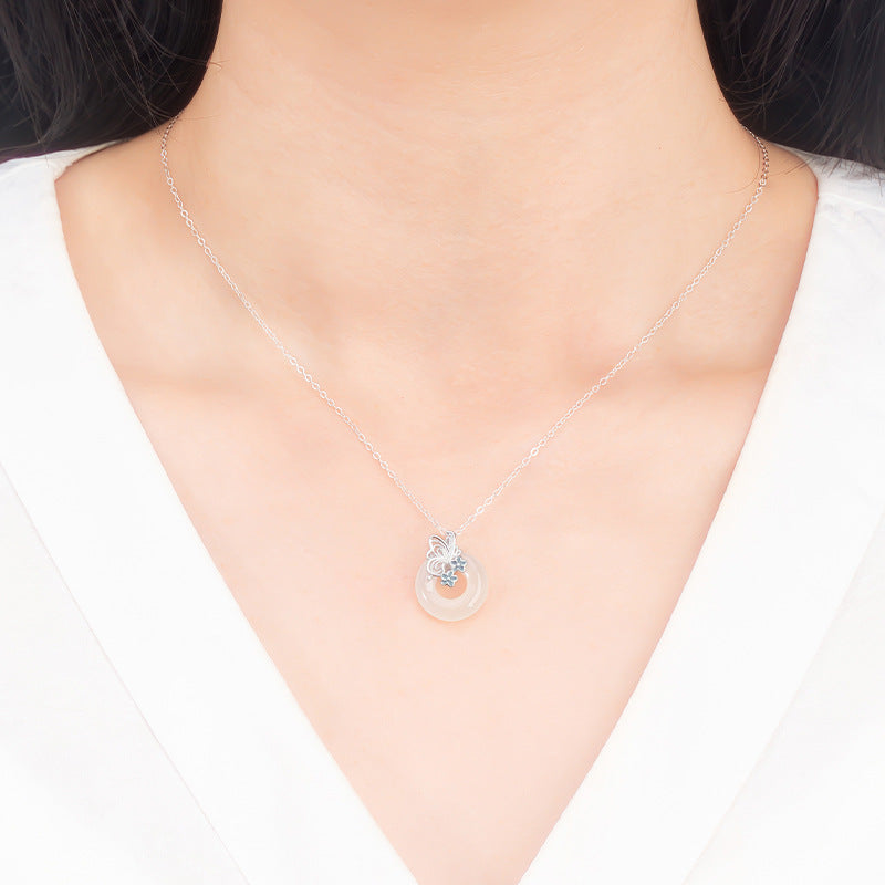 S925 Sterling Silver Enamel Craft Butterfly Safety Buckle Pendant National Fashion White Chalcedony Clavicle Chain Gift for Mom and Girlfriend