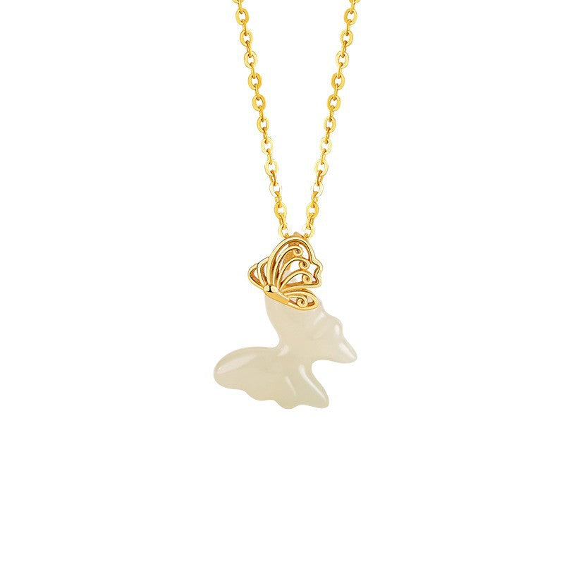 Butterfly Sterling Silver 925 Necklace Women's Light Luxury High-Grade Natural Hetian Jade Clavicle Chain Ins Style Gift Hollow Pendant