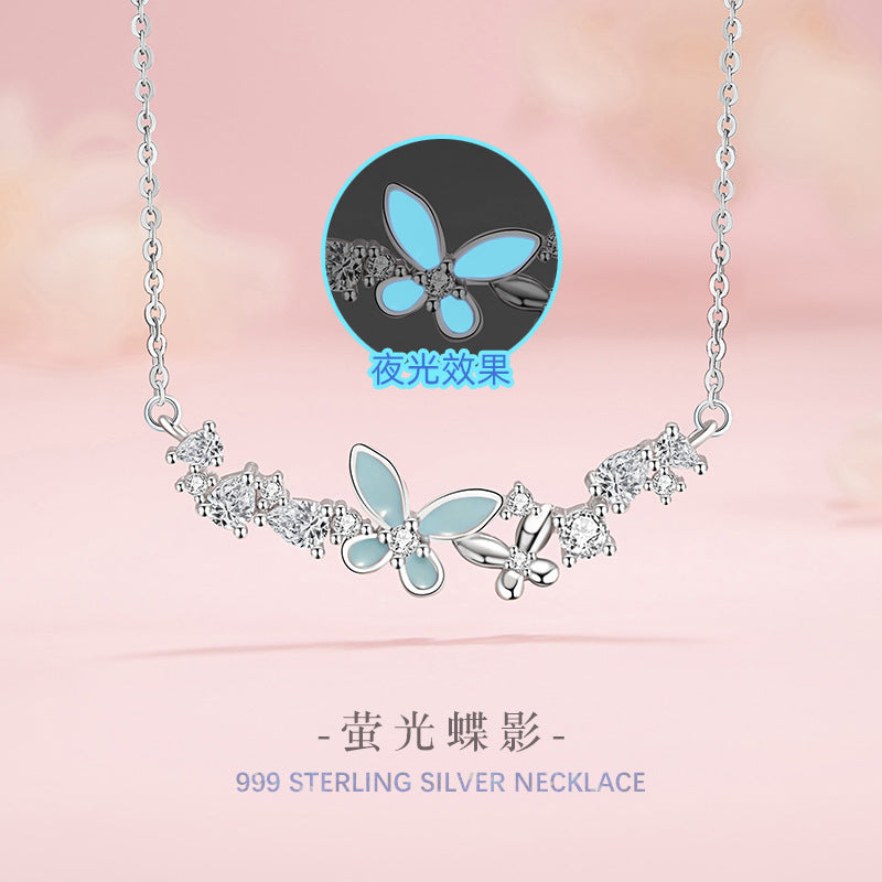 Butterfly Pure Silver 999 Luminous Necklace Female Niche Design Light Luxury Zircon Clavicle Chain Ins Style Star Pendant