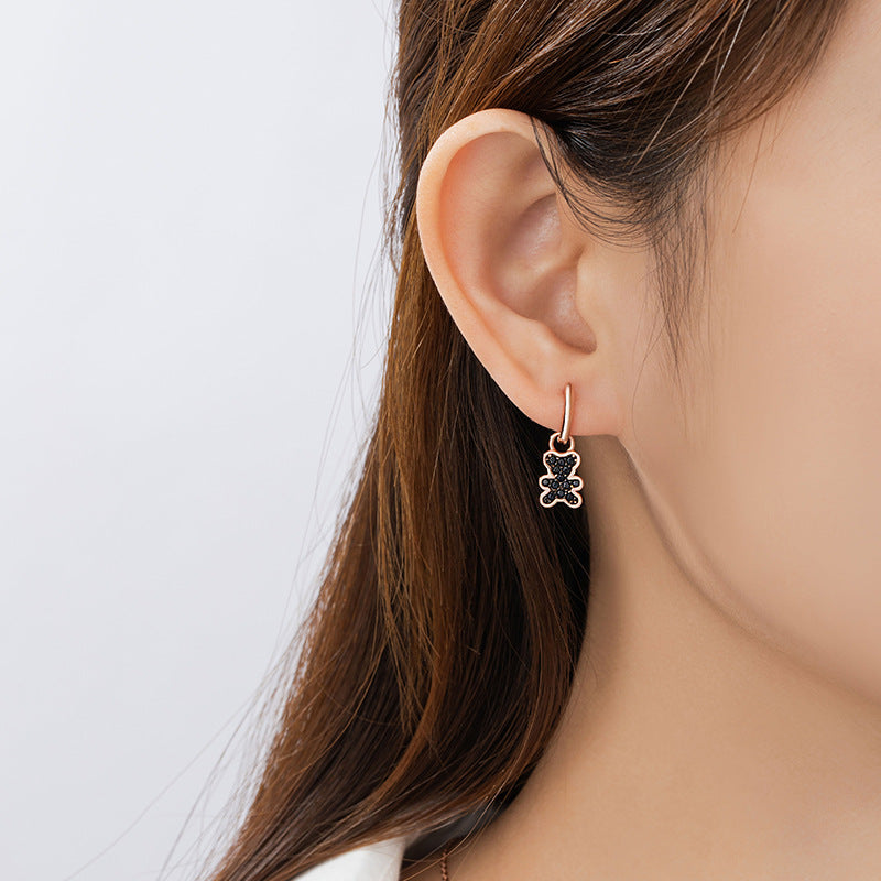Cute Teddy Bear Sterling Silver 925 Earrings Niche Design Light Luxury Full Diamond Zircon Earrings Ins Style Lovely Earrings