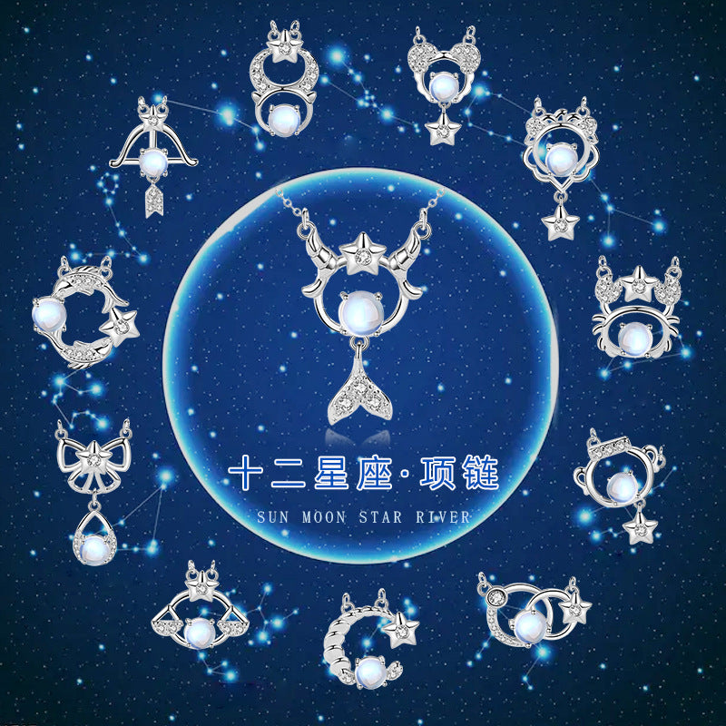 Twelve Constellation Sterling Silver 925 Necklace Female Niche Design Light Luxury Star Clavicle Chain Dream Moonstone Pendant