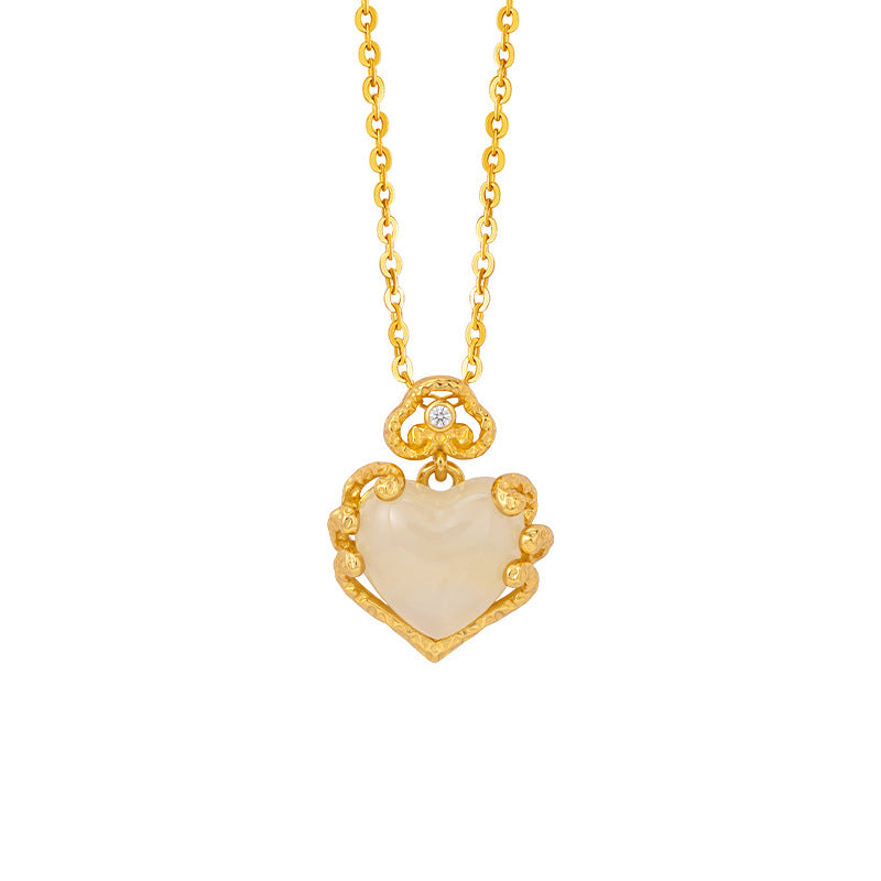 Natural Hetian Jade Necklace Women's Light Luxury S925 Sterling Silver Love Auspicious Cloud Relief Design Clavicle Chain Wholesale for Girlfriend