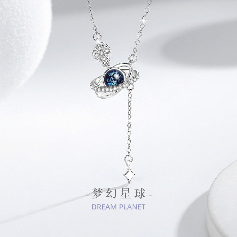 Planet Sterling Silver 925 Necklace Women's Fashion All-Match Saturn Clavicle Chain Goods Ins Style Glazed Stone Star Pendant