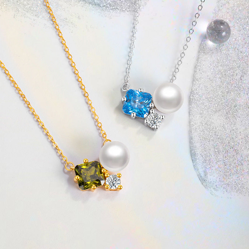 Small Square Sugar Sterling Silver 925 Necklace Fashionable Versatile Shijia Pearl Clavicle Chain Ins Light Luxury Style Sea Blue Zirconium Pendant