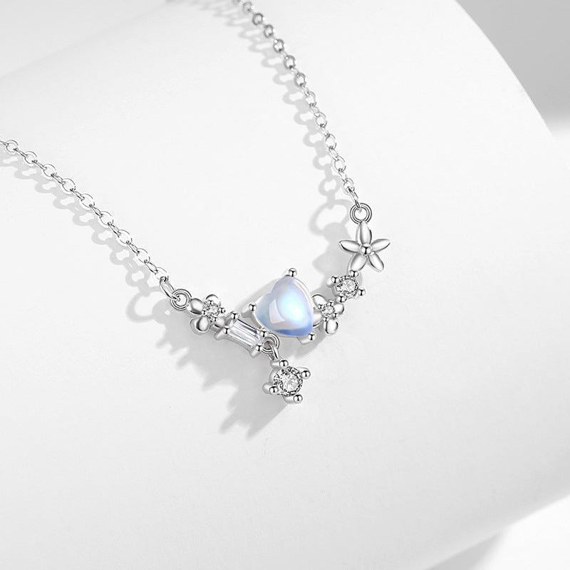 Lovely Sterling Silver 925 Necklace Women's Fashion Versatile Moonstone Clavicle Chain Ins Style Star Pendant for Girlfriend