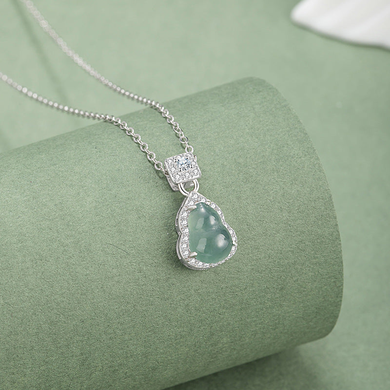 Fu Lu Double Full Sterling Silver 925 Necklace New Chinese National Fashion Dangerous Material Blue Water Jade Clavicle Chain Ins Style Gourd Pendant