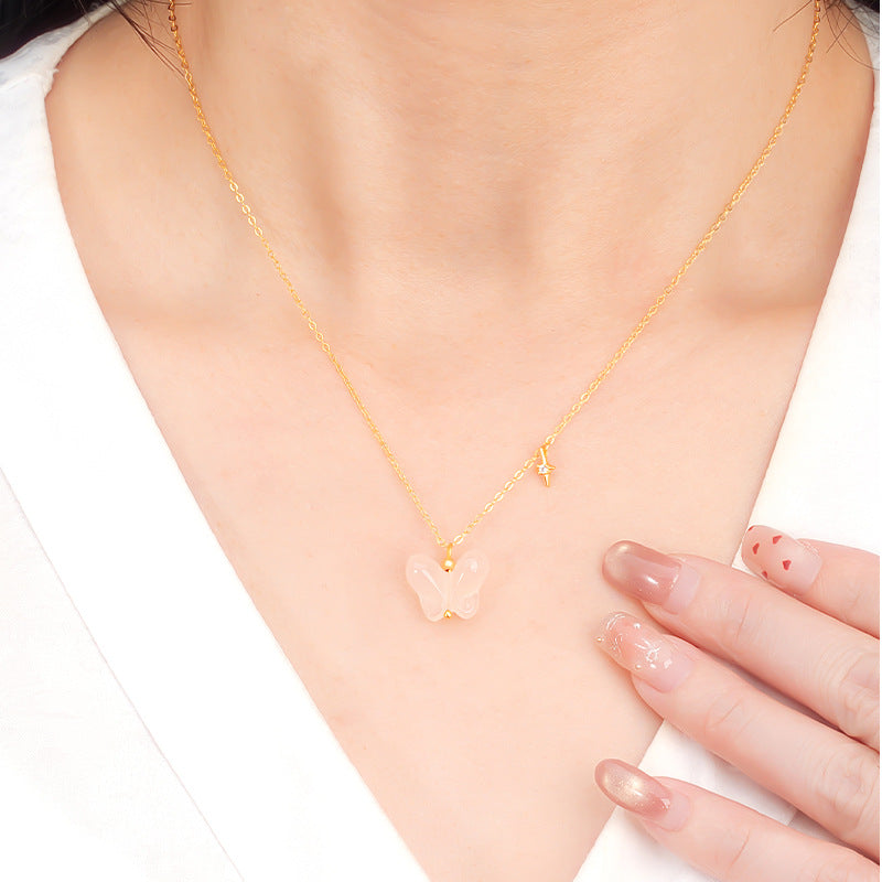 New Chinese Style Butterfly Jade Jewelry Natural Ice Chalcedony Pendant Exquisite S925 Sterling Silver Necklace Gold-Plated Clavicle Chain