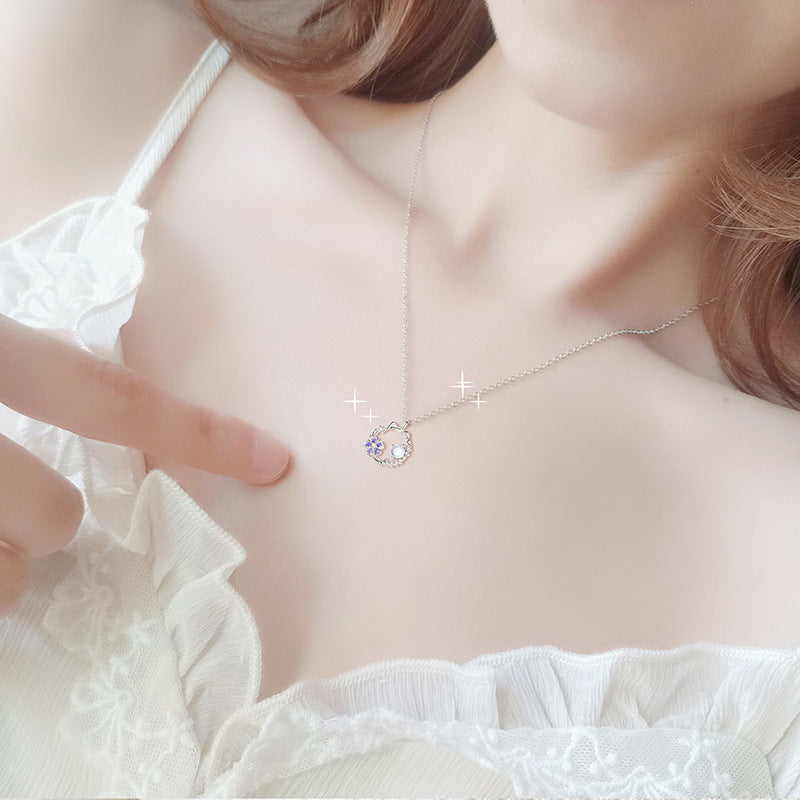Rainy Season Floral Sterling Silver 925 Necklace Female Niche Design Light Luxury Zircon Clavicle Chain Ins Style Glass Stone Pendant