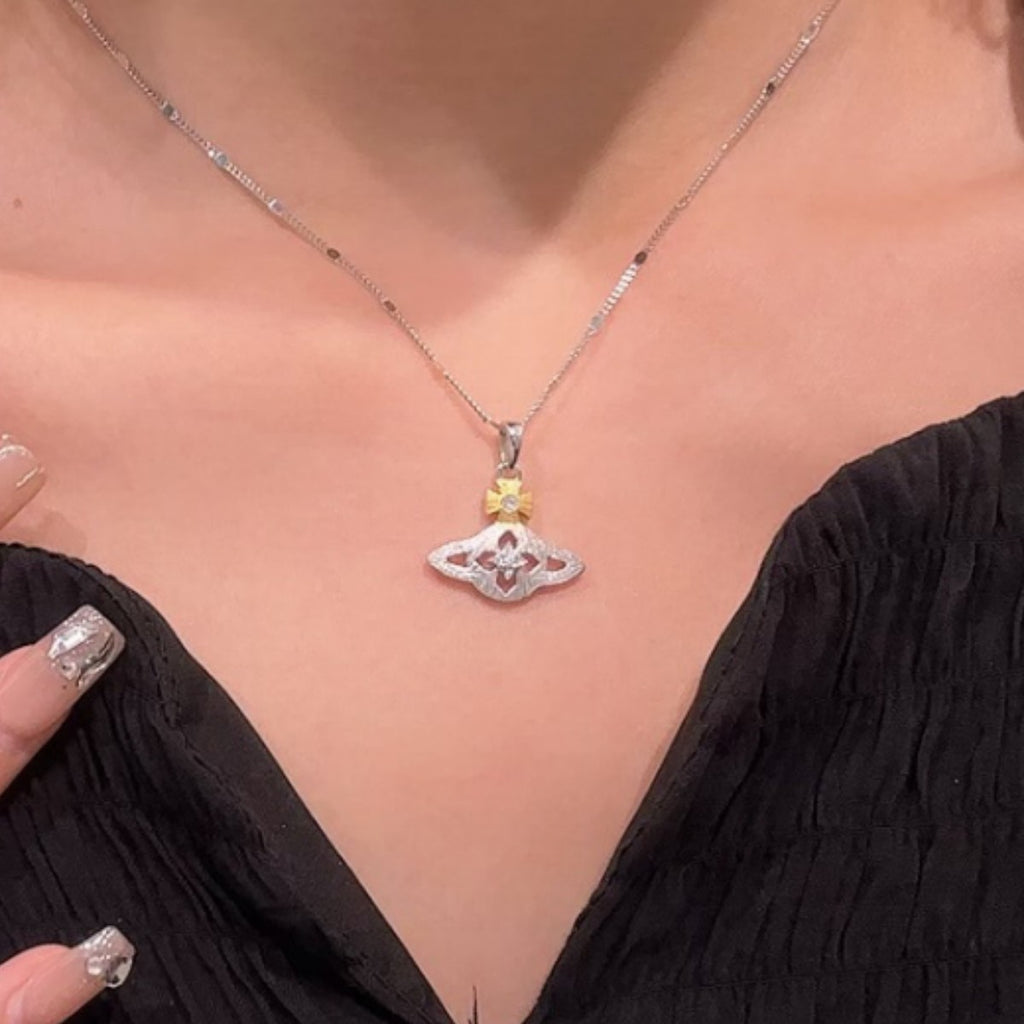 Fantasy Planet Sterling Silver 925 Necklace Light Luxury High-Grade Emerald Saturn Clavicle Chain Ins Brushed Star Pendant