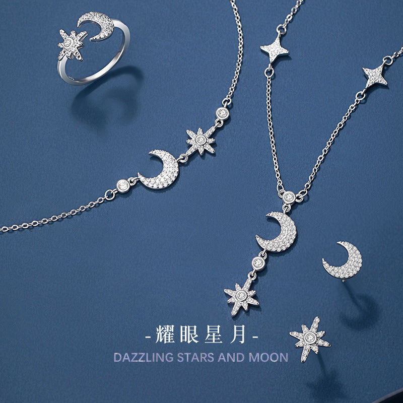 Star Moon Sterling Silver 925 Necklace Niche Design Light Luxury Zircon Eight Awn Star Clavicle Chain Ins Tassel Pendant