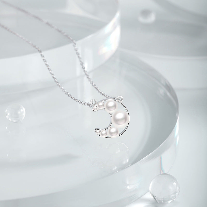 Moon Sterling Silver 925 Necklace Female Niche Light Luxury High-Grade Shijia Pearl Clavicle Chain Ins Style Star Pendant