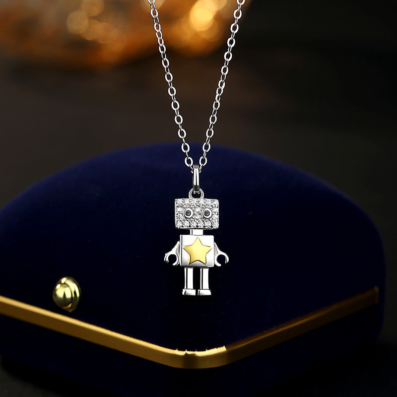 Children's Funny Robot S925 Sterling Silver Couple Necklace All-Match Niche Design Sense Clavicle Chain Student Party Personality Accessories