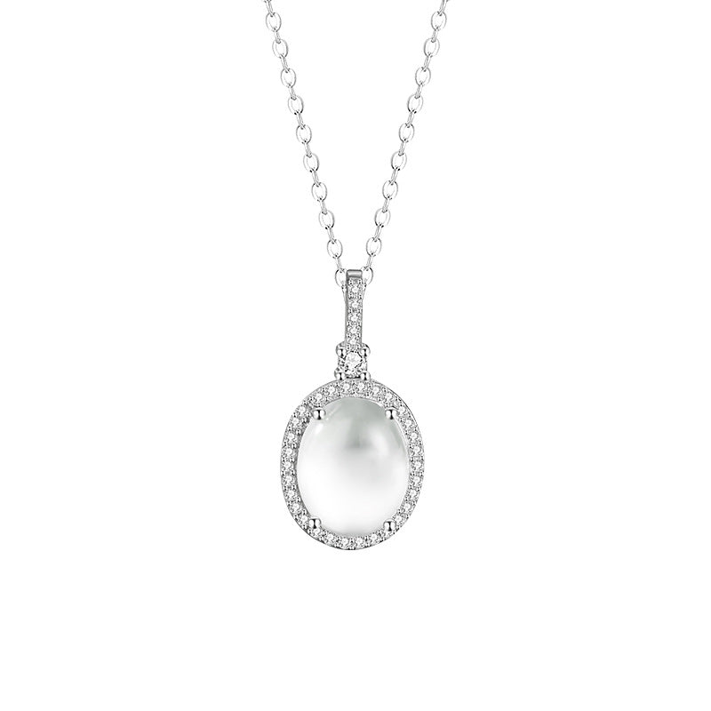 Natural Water Foam Jade Sterling Silver 925 Necklace Women's Light Luxury High-Grade Oval Zircon Clavicle Chain Mother's Day Pendant