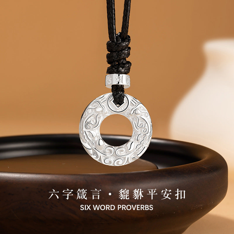 Pure Silver 999 Necklace Men's Retro Domineering Fashion Brand Xiangyun Safety Buckle Necklace National Fashion Six-Word Mantra Pendant