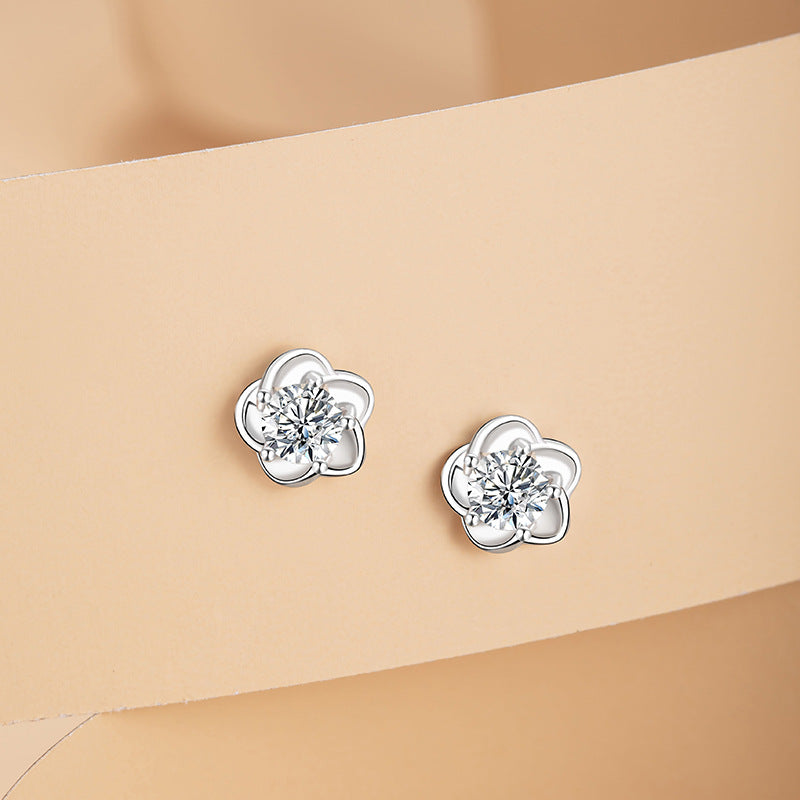 Cherry Blossom Sterling Silver 925 Stud Earrings Female Niche Design Light Luxury Flower Earrings Ins Style Small Peach Blossom Zircon Earrings