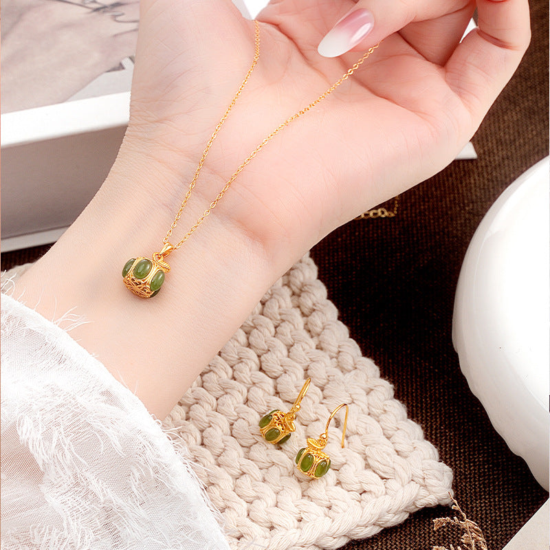 New Chinese Natural Hetian Jade Melon Jewelry S925 Sterling Silver Necklace Ear Hook Two-Piece Set Valentine's Day Gift