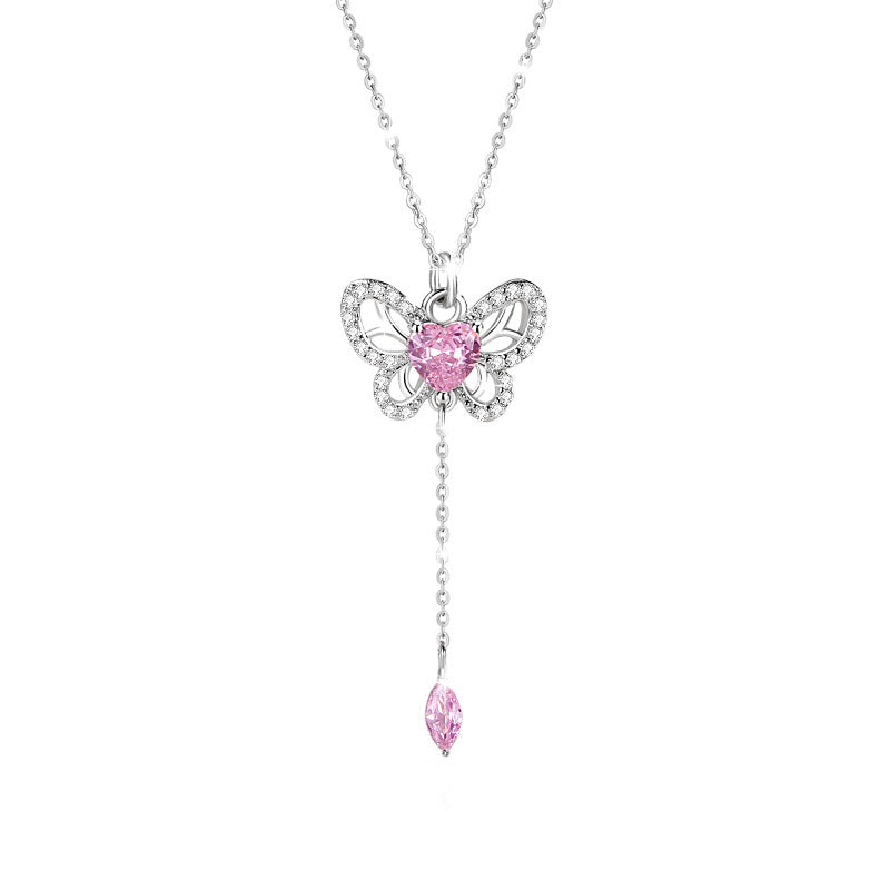 Butterfly Sterling Silver 925 Necklace Female Niche Design Light Luxury Pink Zircon Tassel Clavicle Chain Ins Love Pendant