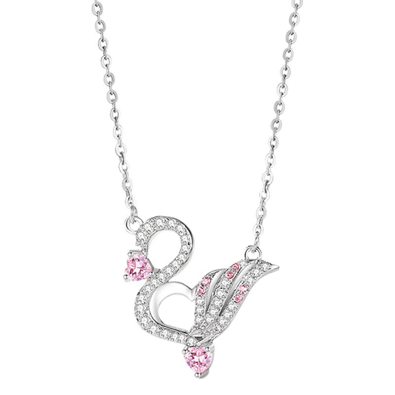 Swan Sterling Silver 925 Necklace Female Niche Design Light Luxury Pink Zircon Clavicle Chain Get Things Ins Love Pendant