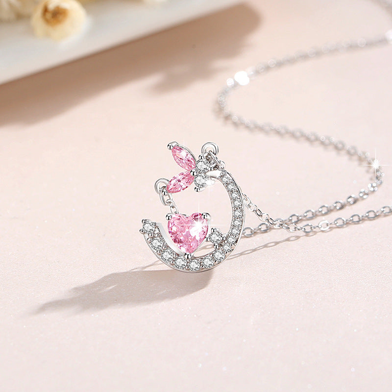 Butterfly Sterling Silver 925 Necklace Women's Fashion Versatile Moon Clavicle Chain 520 Valentine's Day Love Pink Diamond Pendant