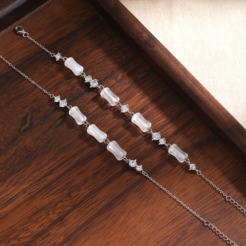 S925 Sterling Silver Bamboo White Agate Bracelet Female New Chinese Style High-Rise Light Luxury Niche Birthday Gift for Girlfriend Female