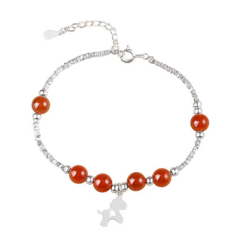 Immediately Rich Flower Sterling Silver 925 Bracelet Women's Light Luxury Red Agate Birth Year Bracelet Ins Style Zodiac Horse Bracelet