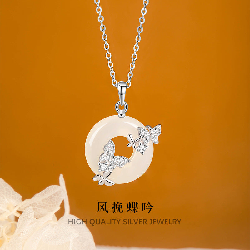 Butterfly Safety Buckle S925 Sterling Silver Necklace for Women New Chinese Style Chalcedony Silver Jewelry Niche Design Sense Commuter All-Matching