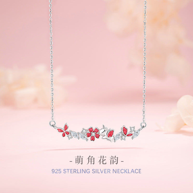 Butterfly Sterling Silver 925 Necklace Female Sweet Cute Style Peach Blossom Zircon Clavicle Chain Small Red Book Same Style Flower Pendant