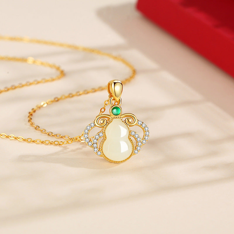 Fu Lu Double Full Hetian Jade Sterling Silver 925 Necklace Women's National Fashion Ethnic Style Clavicle Chain Green Agate Jade Gourd Pendant