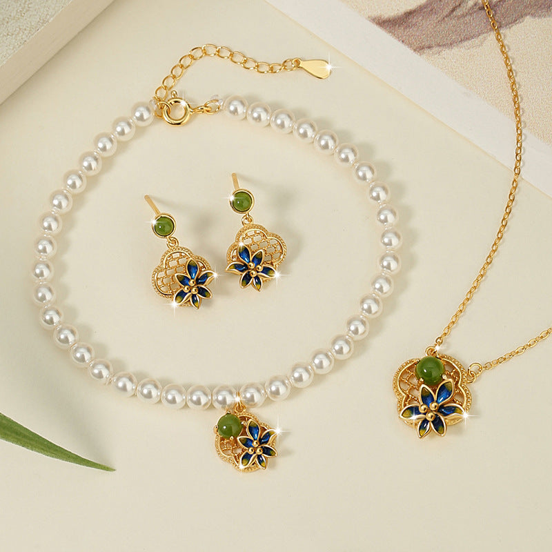 Clover Sterling Silver 925 Necklace Women's New Chinese Style National Fashion Hetian Jasper Flower Clavicle Chain Ins Wind Window Flower Pendant