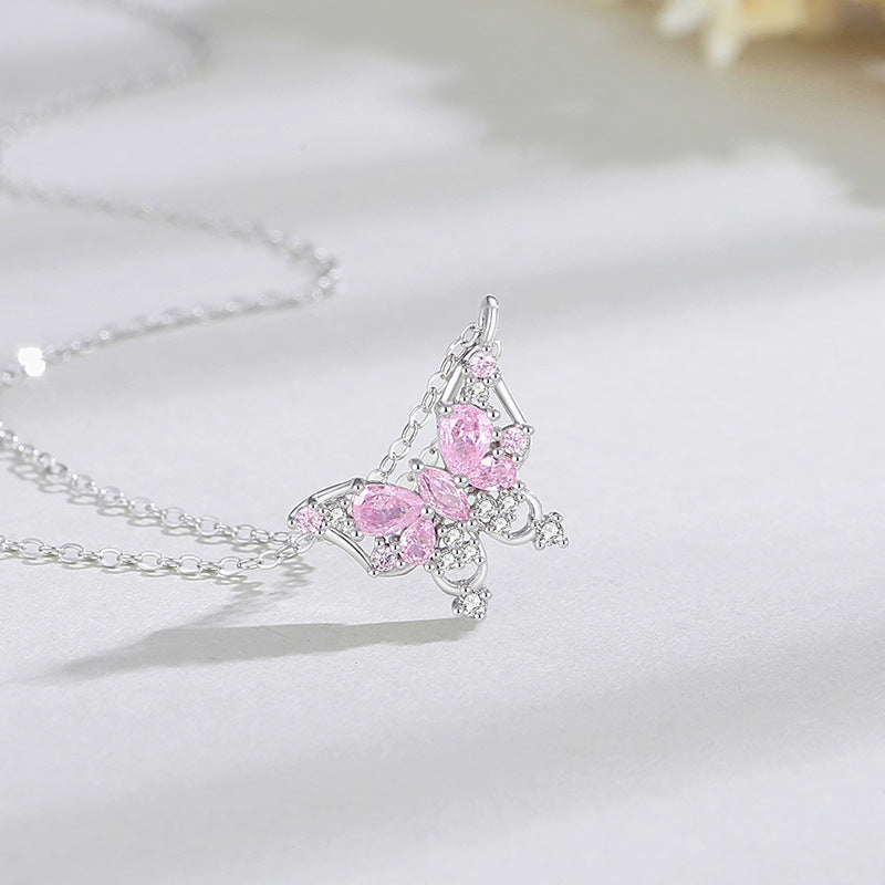 Fantasy Butterfly Sterling Silver 925 Necklace Female Niche Light Luxury Sweet Style Pink Zircon Clavicle Chain Ins Love Pendant