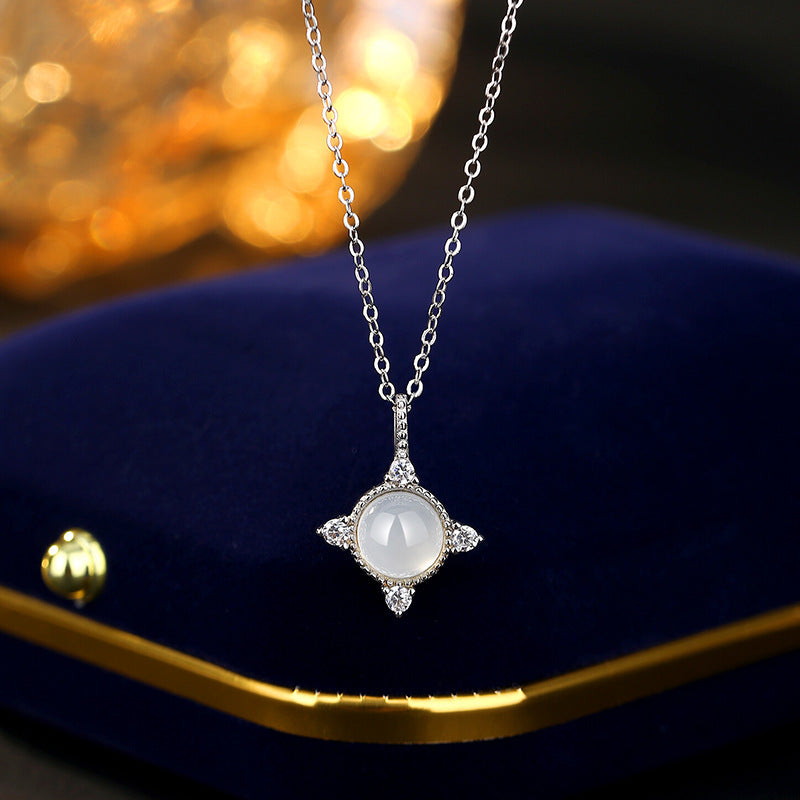 S925 Sterling Silver Necklace Women's Inlaid Natural White Chalcedony Fritillaria Four Awn Star Clavicle Chain Gentle Style Valentine's Day Gift