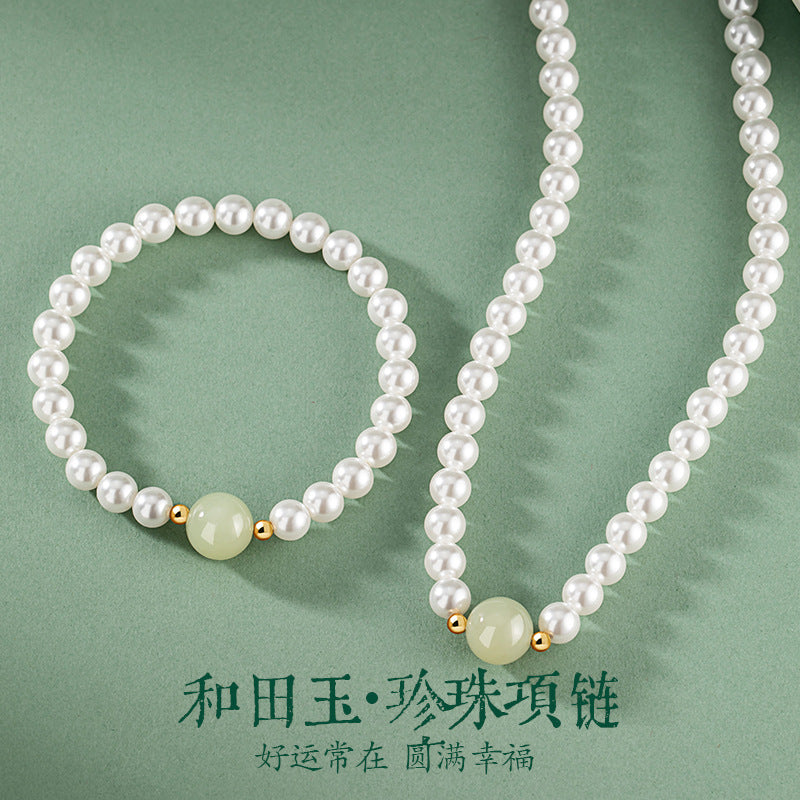 Hetian Jade Sterling Silver 925 Necklace Women's Light Luxury High-Grade Shijia Pearl Clavicle Chain Ins Mother's Day Gift Pendant