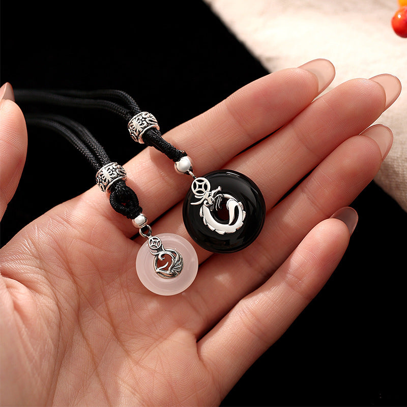 S925 Silver Necklace Longfeng Chengxiang Couple Safety Buckle Black Agate White Chalcedony Pendant Qixi Love Token Gift