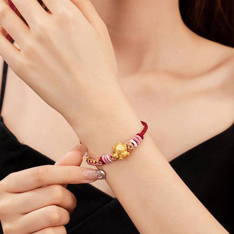 Cat Pure Silver 999 Bracelet New Chinese Style National Fashion Peach Blossom Hand-Woven Bracelet Ins Style Light Luxury Ingot Bracelet