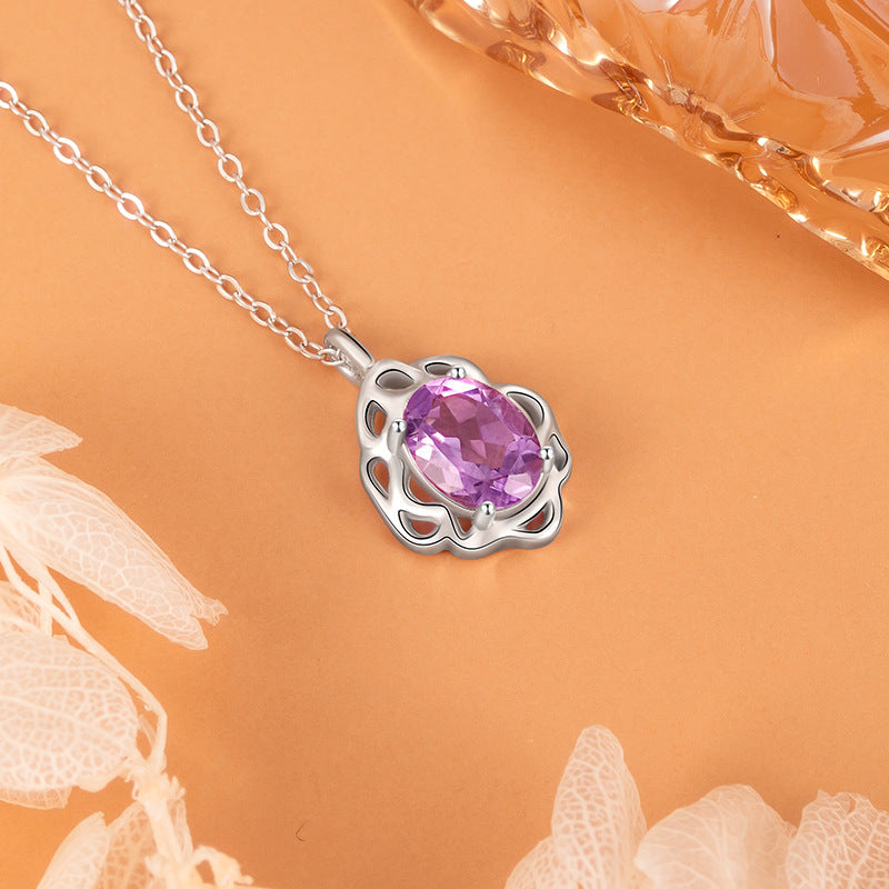 S925 Sterling Silver Natural Amethyst Pendant Female Light Luxury Niche Design Sense Hollow Petals Colorful Treasure Silver Necklace Wholesale