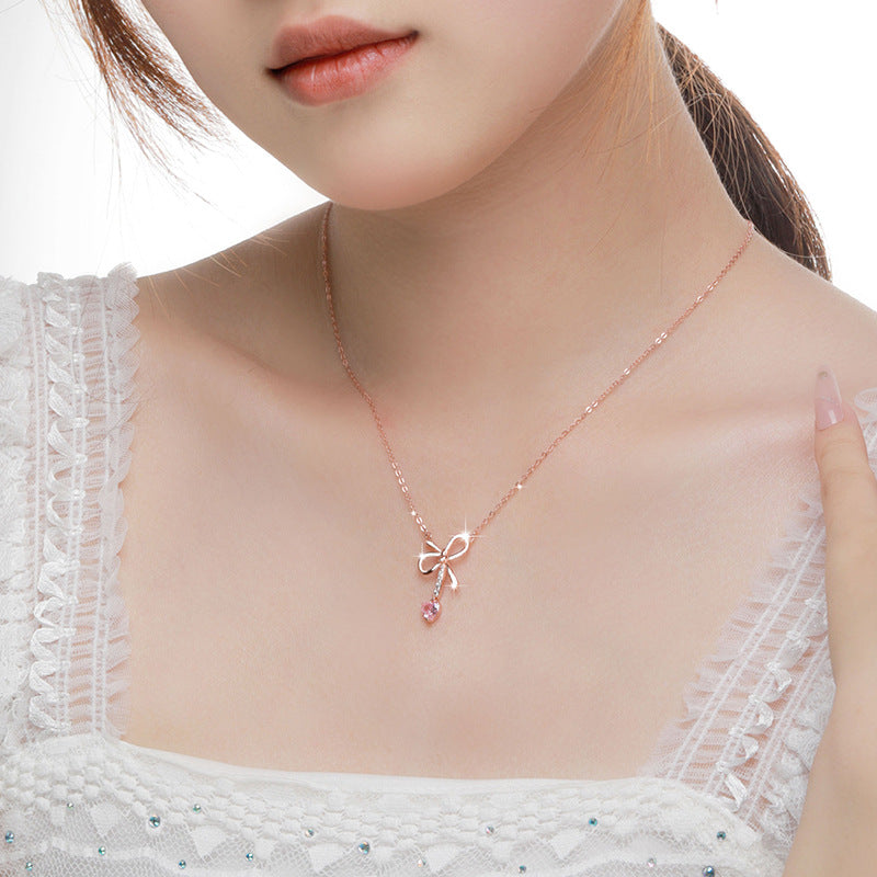 Bowknot Sterling Silver 925 Necklace Female Niche Design Light Luxury Pink Zircon Clavicle Chain Ins Style Love Pendant